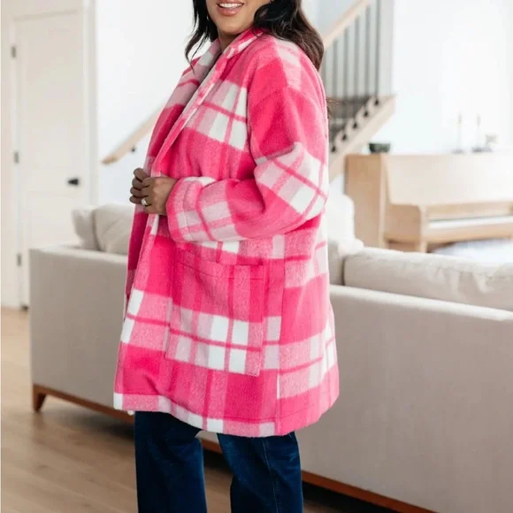 Pink Plaid Coat with White Accents - Picture 4 of 7